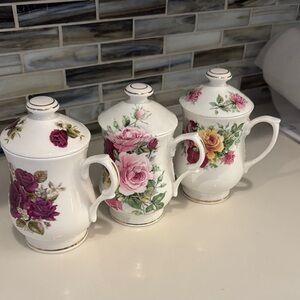 China Tea cup with lid - set of 3 
Staffordshire and Golden Crown